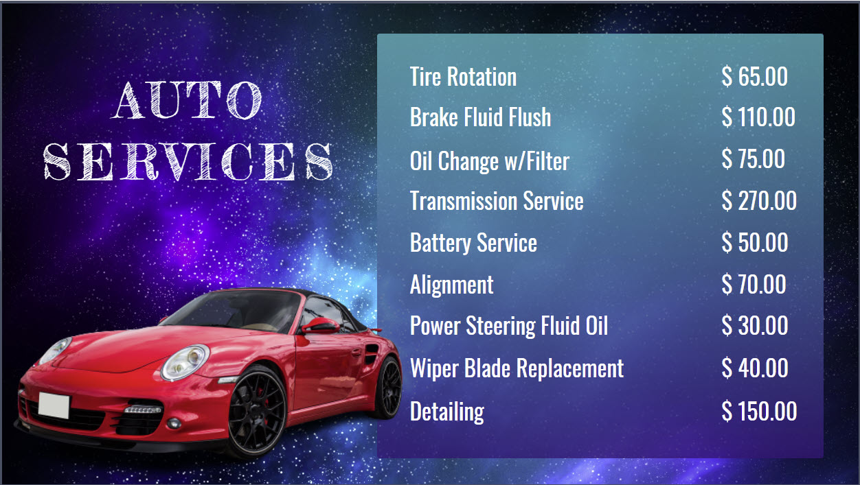 Auto repair menu board